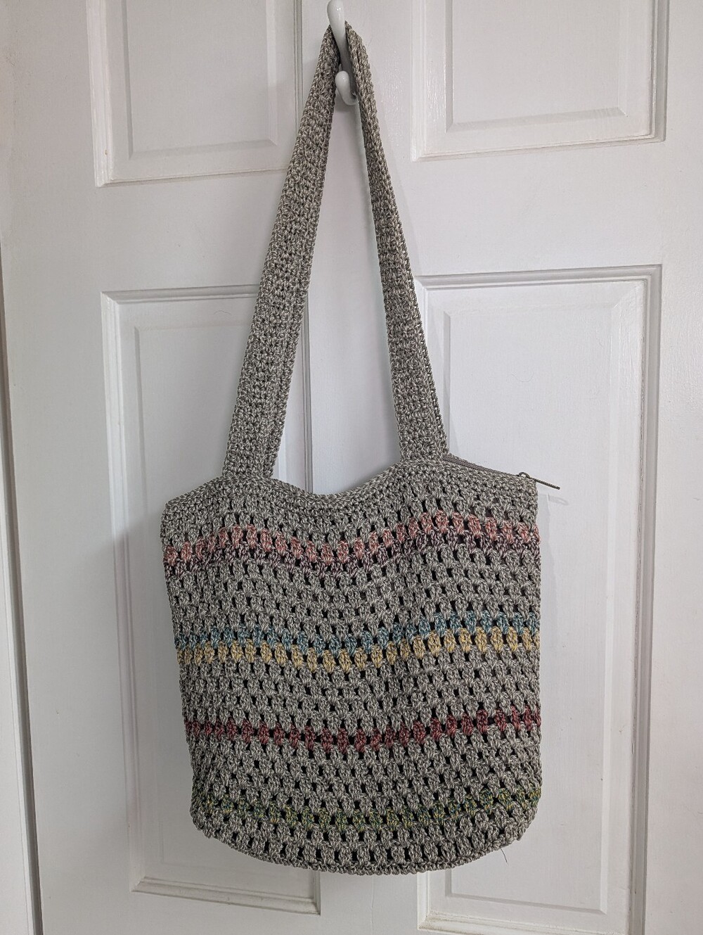 The Sak Gray Crochet Tote with Multicolor Stripe Accents